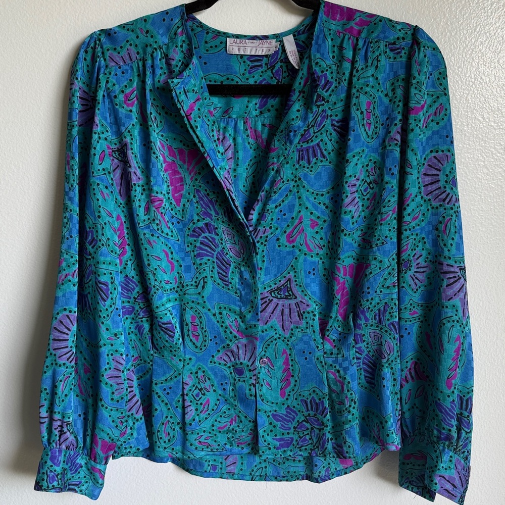 Laura & Jayne Vintage Fun Vibrant Colorful Teal Blue Purple Long Sleeve Blouse 6